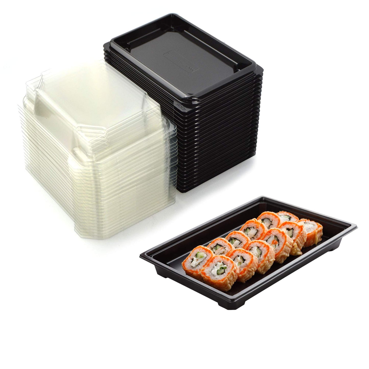 pz 25 vaschetta nera per sushi, sashimi, pesce ideale per l'asporto di circa 3/6 porzioni + coperchio