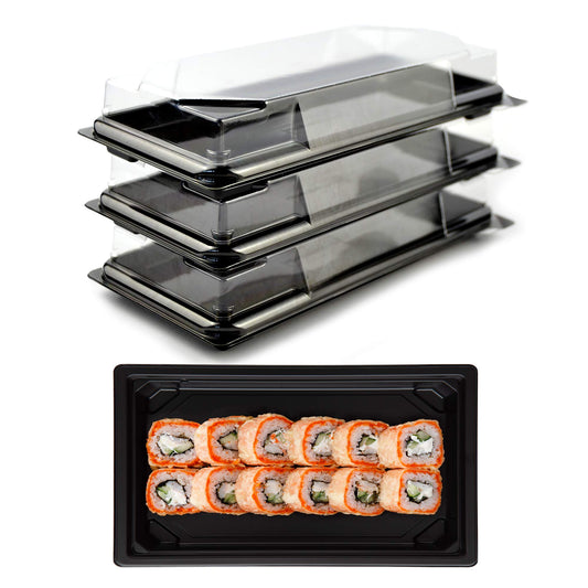 pz 25 vaschetta nera per sushi, sashimi, pesce ideale per l'asporto di circa 8/10 porzioni + coperchio